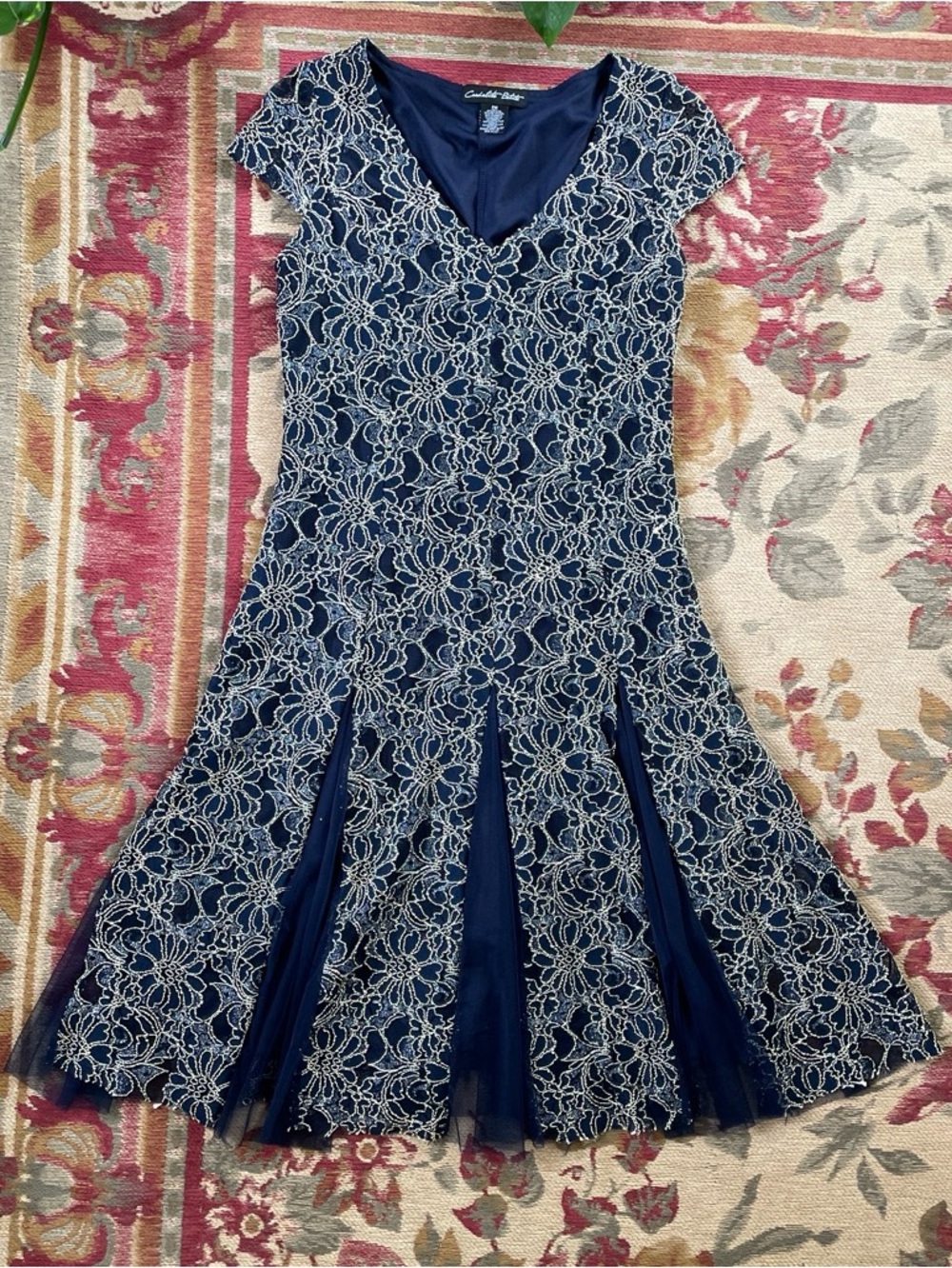 Candalite Petite Navy with Gold Lace Overlay Fit & Flare Cocktail Dress